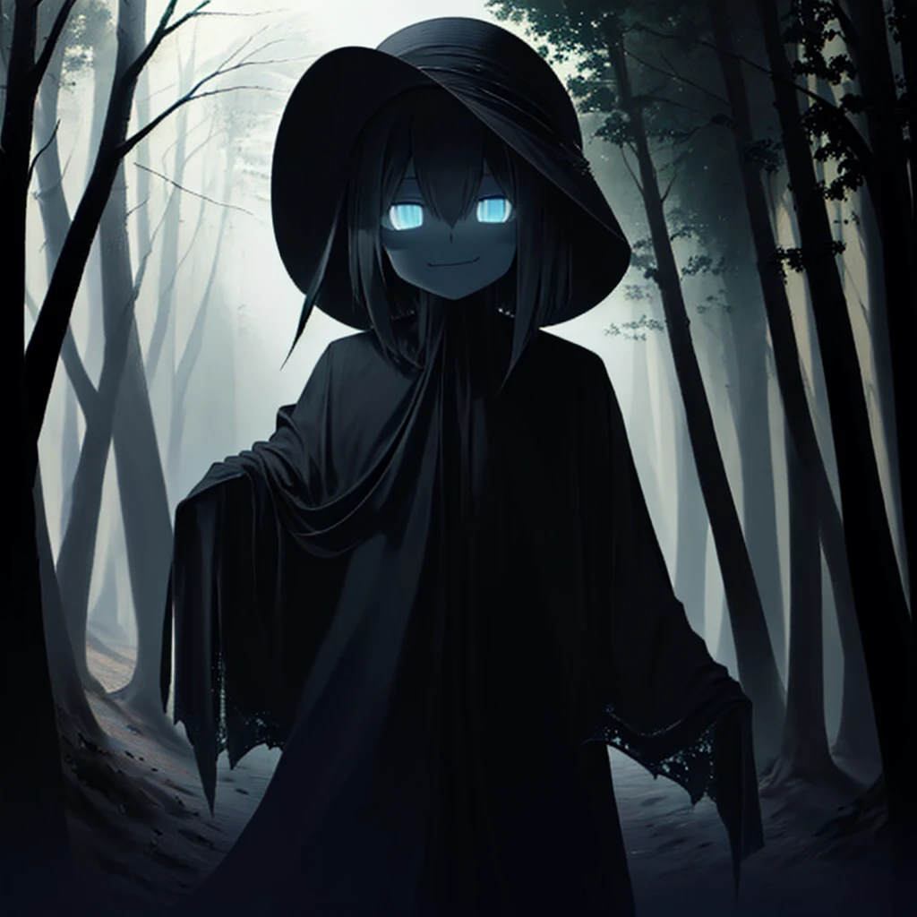 (Masterpiece, best quality, anime, solo, vantablack skin, cute, friendly, shadow person, ghost, black void skin, shade monster, androgynous, archer clothing, slit mouth, glowing blue smile), glowing eyes, no pupils, blue eyes, smiling, black sun hat, dark blue hair, short hair, forest background