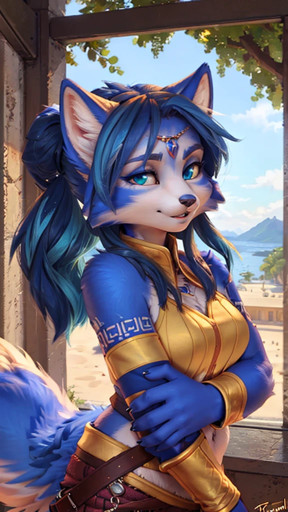 A beautiful and detailed (sweet portrait) wa ((Krystal)), Star Fox Krystal, sslim, lovable, green eyes, medium breasts, (((Long blue hair 1.3))), Decollete, anthro, furry, Uploaded E621, detailed fluffy fur, (wa Fluff-Kevlar, Bayard Wu, Personalami, Pino Daeni), detailed face, (fluffy), 1 girl, alone, sweet girl,