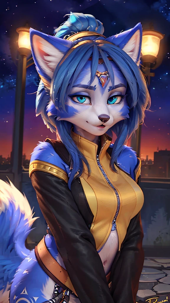A beautiful and detailed (sweet portrait) wa ((Krystal)), Star Fox Krystal, sslim, lovable, green eyes, medium breasts, (((Long blue hair 1.3))), Decollete, anthro, furry, Uploaded E621, detailed fluffy fur, (wa Fluff-Kevlar, Bayard Wu, Personalami, Pino Daeni), detailed face, (fluffy), 1 girl, alone, sweet girl, 
