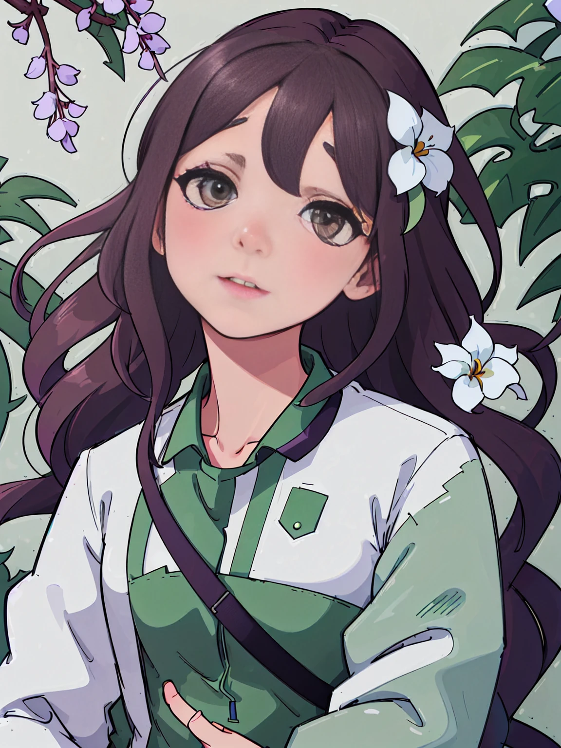 ((absurdres, higher, ultra HD)) 1 male, 1 female,mature, kissing each other, guy is front of her slightly bend towards her, (Man in green camouflage uniform), (woman in white nurse's uniform), wisteria flower around them, beautiful, scenary, romantic,((calm and romantic expression:1.2)) ,pixiv, digital painting, mascular man, beautiful elegant woman, (gray stylish hair for man), (brown long hair for woman)