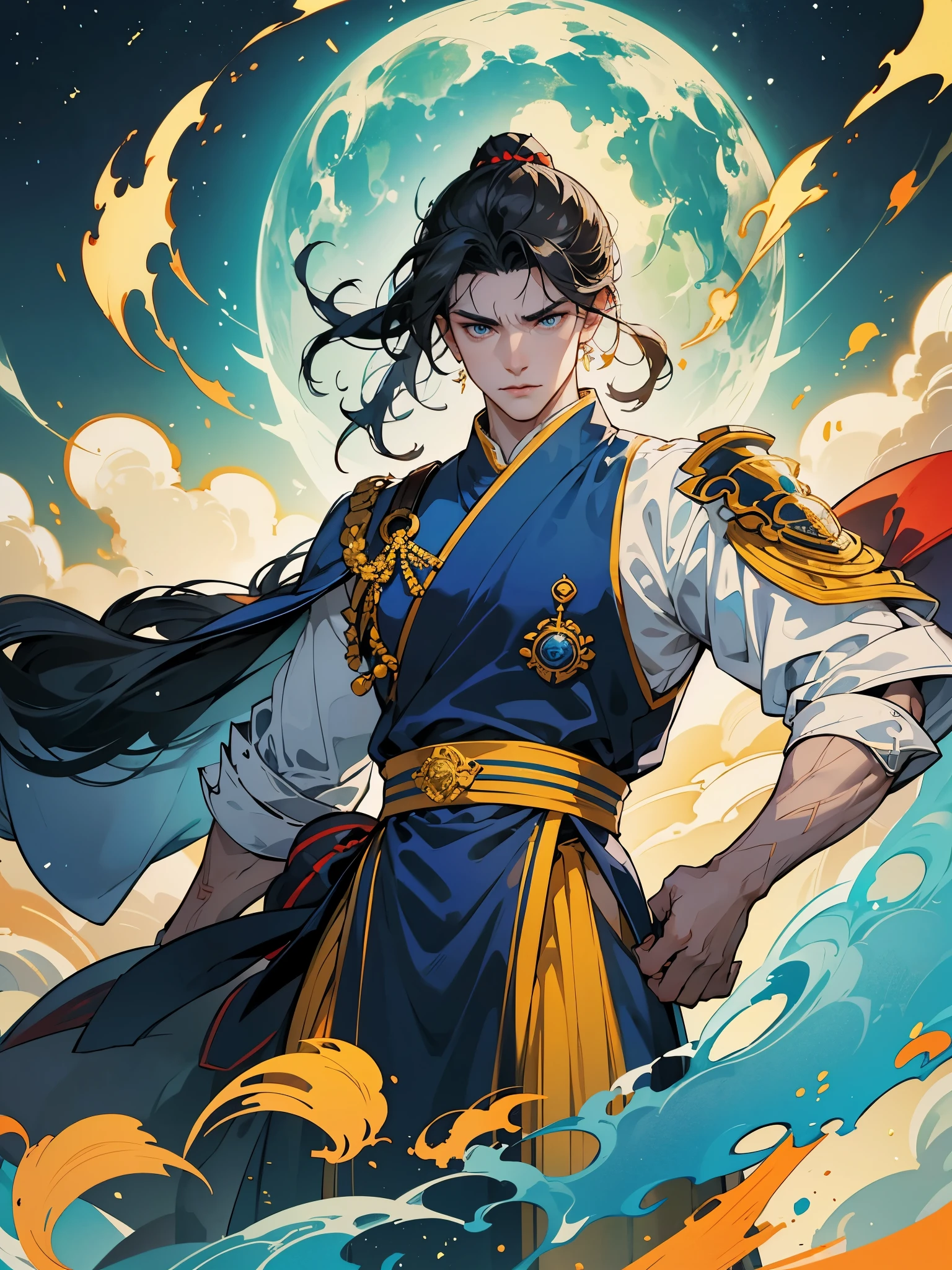 Chinese ancient style,Royal Guards,warrior,Guards with knives,warrior服,风雷warrior, electricity, Long white hair, Blue Eyes ???? God, Best quality, Black hair, There are a lot of ornaments on the body,Small Crown, American face, Serious look, Anger, Blue skin, Low light, Natural Light, Light rays, Aura Power, Be a power, blue eyes, , Male focus, Big muscles, Bodybuilder, Composition, Depth of Field, Blur, whole body,Represents the exhilarating aura he exudes,to motivate his allies. The backdrop showcases the awe-inspiring landscape of Mahutori, Floating islands and airships adorn the sky, Prove his adventures at sea. With a steely gaze and a sense of purpose, Rezepi is a beacon of hope and leadership, Get ready to set sail,Inspire all who dare to dream with him,In the wonderful world of Chisogi.