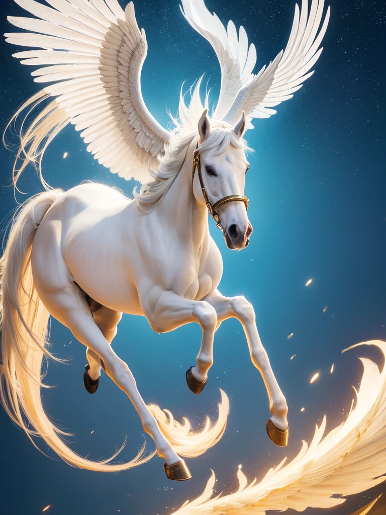 Highest quality,8K,photograph,One Pegasus,Pegasus is a fictional animal that originated in Greek mythology.,Appearance: A winged white horse,Golden wings and brass hooves,With a shining golden mane,Running through the sky faster than the wind,The tireless horse,Pegasus is a flying horse, said to be the messenger of Zeus, the supreme god of the sky, and can only be ridden with golden reins.,Pure White Pegasus,Pegasus with long, large white wings,Four legs,Head and neck are one,Long white tail,The background is a light blue color