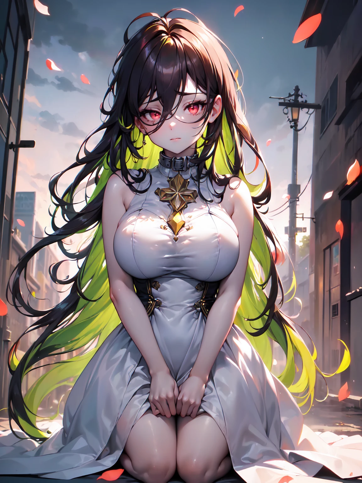 ((((Obra maestra, La mejor calidad, ultrahigh resolution)))), 1girl, kneeling,), ((long pure brown hair,collar two-tone hair green hair,  hair over eye)), long hair cut, shiny skin, ((red eyes)), glowing_eyes, neon eyes, (ultra detailed eyes:0.7, beautiful and detailed face, detailed eyes:0.9), smirk, facing viewer, ((vibrant background, dark lighting, summer, sunlight)), large chested, looking at viewer, ((half closed eyes)), ((perfect hands)), (((head:1, arms, hips in view, elbows, in view))), ((hands behind back)), empty eyes, beautiful lighting, ((outside, outdoors)), defined subject, head tilt, (((gritty)), ((creepy)), ((cool)), ((beautiful)), (((SFW))), hair ornament, petals in the air, moon in the sky, city, mature woman, adult woman, sfw, pink and white dress, night dress, she is a princess, large chest, big ,