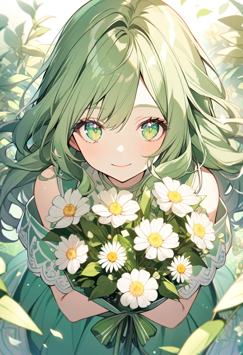 1girl, solo,light green eyeliner, green dress,light green long perm hair,sparkling light green eyes,light smile ,has several flowers,from above