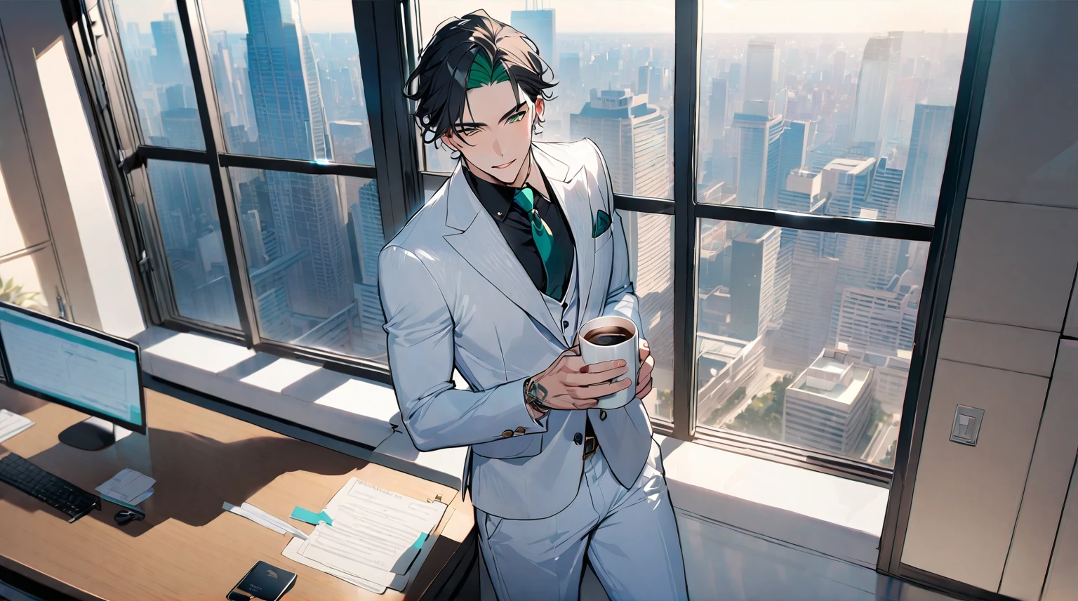 1 male, 25 years old British male, decisive, graceful, tattooed, emerald green eyes, black hair, white suit, black shirt, tie, British gentleman, white pants, office president, perfect body
Standing, holding a cup of coffee in his hand
((best quality)), ((masterpiece)), (detailed), office, president's office, floor-to-ceiling windows, top-down view scene,