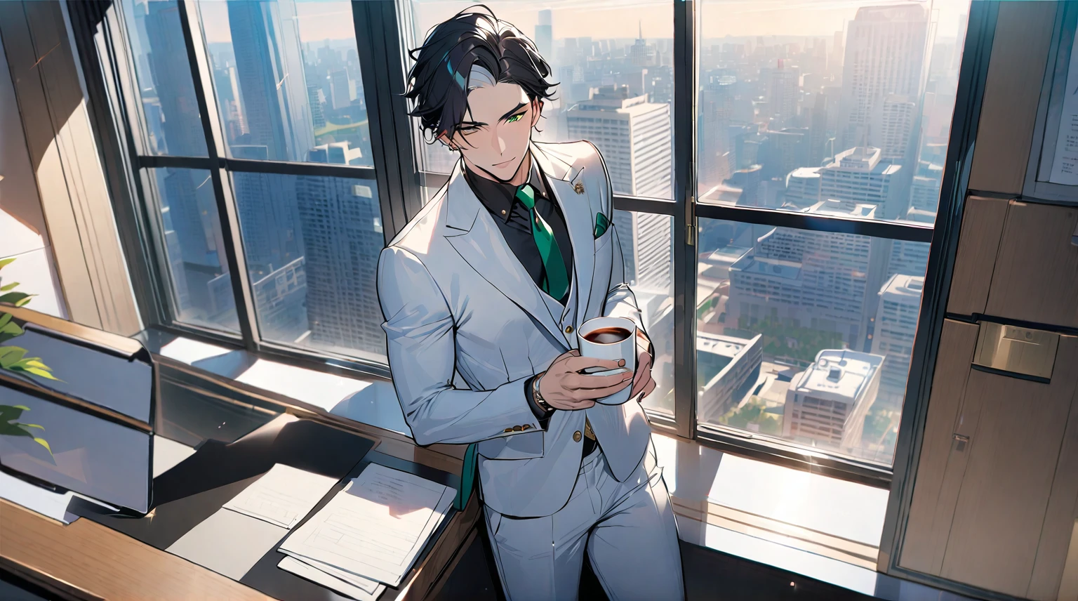 1 male, 25 years old British male, decisive, graceful, tattooed, emerald green eyes, black hair, white suit, black shirt, tie, British gentleman, white pants, office president, perfect body
Standing, holding a cup of coffee in his hand
((best quality)), ((masterpiece)), (detailed), office, president's office, floor-to-ceiling windows, top-down view scene,