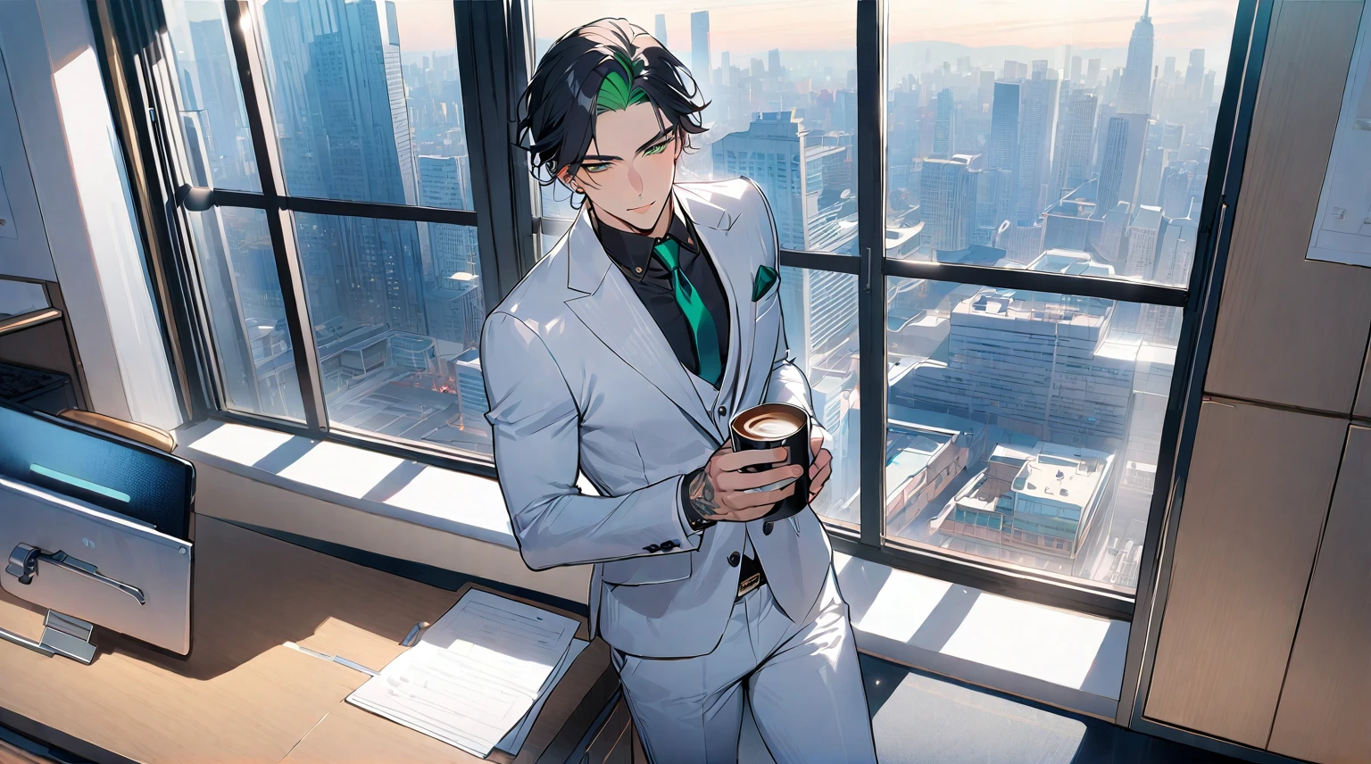 1 male, 25 years old British male, decisive, graceful, tattooed, emerald green eyes, black hair, white suit, black shirt, tie, British gentleman, white pants, office president, perfect body
Standing, holding a cup of coffee in his hand
((best quality)), ((masterpiece)), (detailed), office, president's office, floor-to-ceiling windows, top-down view scene,