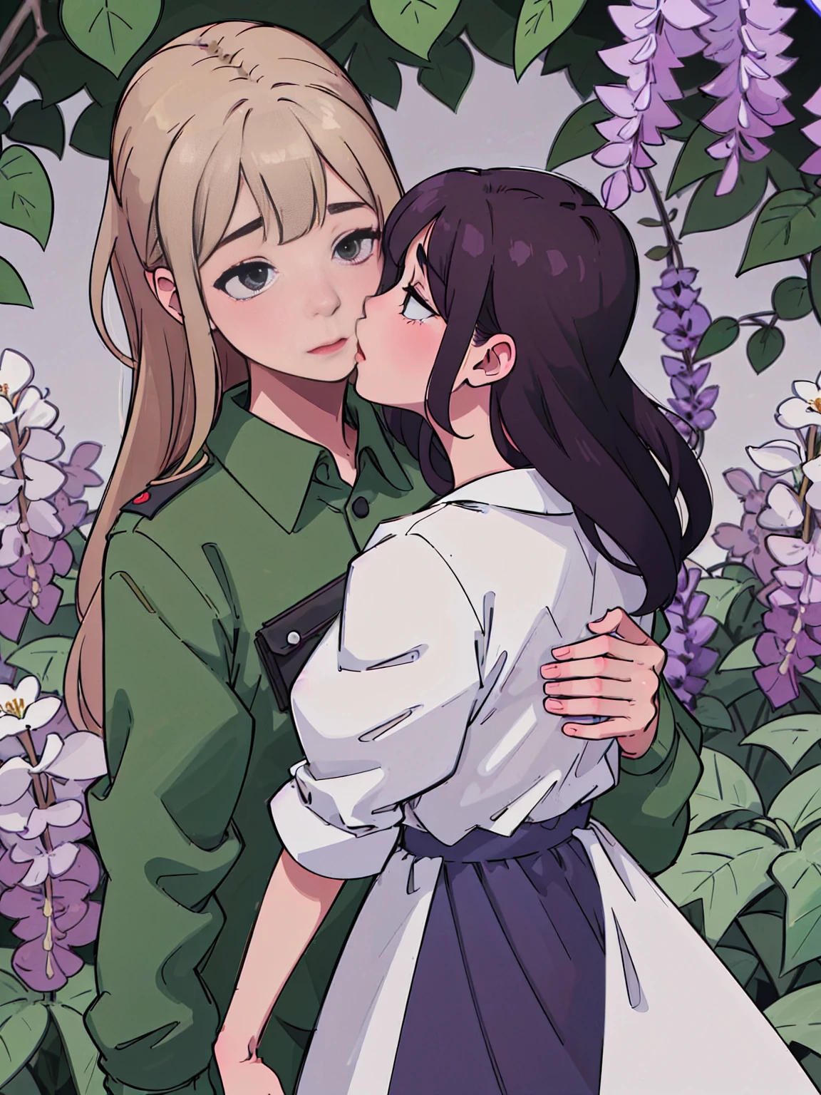 ((absurdres, higher, ultra HD)) 1 male, 1 female,mature, kissing each other, guy is front of her slightly bend towards her, (Man in green camouflage uniform), (woman in white nurse's uniform), wisteria flower around them, beautiful, scenary, romantic,((calm and romantic expression:1.2)) ,pixiv, digital painting, mascular man, beautiful elegant woman, (gray stylish hair for man), (brown long hair for woman)