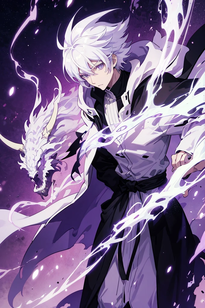 *anime style, male, white hair, purple eyes, short hair, handsome, captain, neck-black-tattoo-rose-and-dragon, suit, free, noble image*