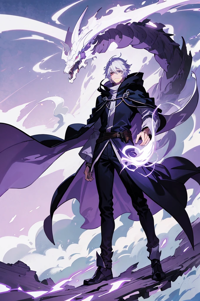 25 years old anime man with white hair, Wearing a read cloak, Standing in front of a dragon, With one hand in his pocket, And purple aura in a form of smoke emerging out of his body