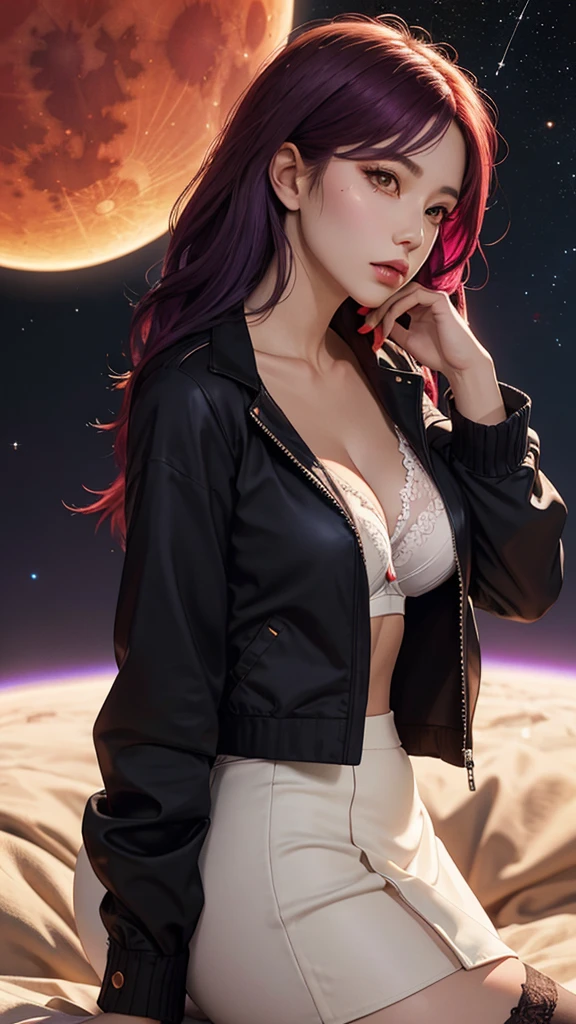1girl, beautiful face, ((white eyes)), sexy pose, Red moon in the background, stars, space, (lightroom:1.13), soft light, (natural skin texture:1.2), (Hyperrealism:1.2), sharp focus, focused,[[realistic]]Front open shirt、Jacket、G-cup bust、Reddish-purple hair、Purple bra、skirt、Glamorous figure、Big Ass、Side view、Panty shot、
