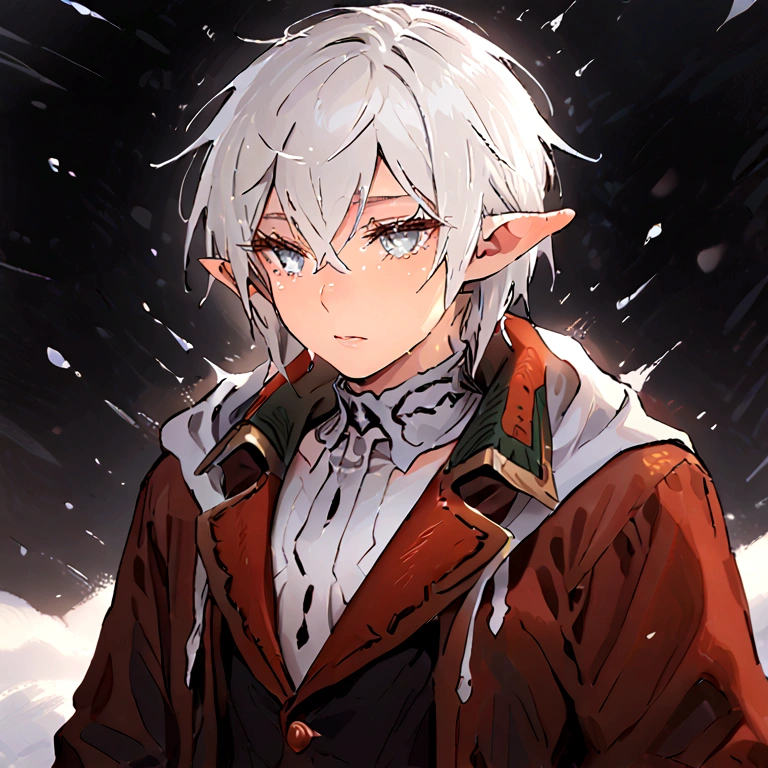 Elf Boy White Hair And Res Eyes. He is in the middle of a Blizzard using Magic