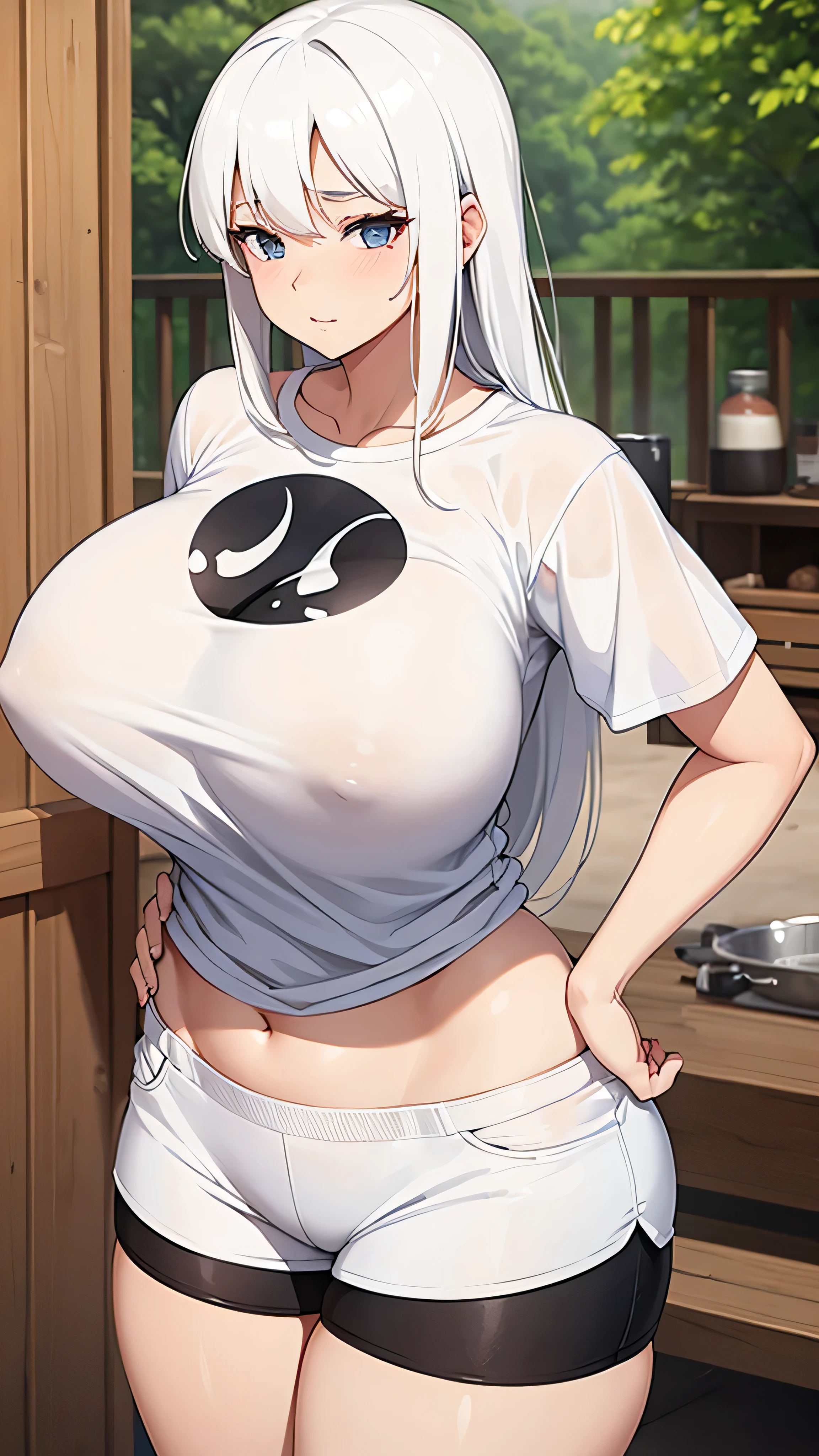 Women from the Dairy Cow Tribe have sexy bodies, white hair, and very large breasts. Wear a white t-shirt and tight shorts.