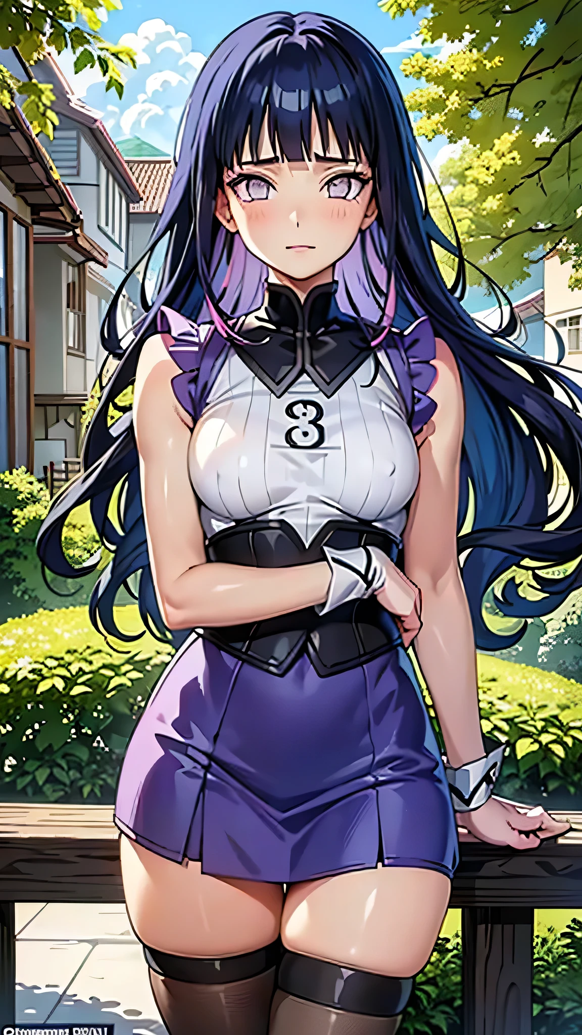 Masterpiece, top quality, best quality, official art, beautiful and aesthetic, anime, 1girl,extremely detailed, colorful, more detailed ((ultra-detailed)), (highly detailed CG illustration),(small breast:1.2),hyuuga hinata, hinata-sleeveless-outfit,