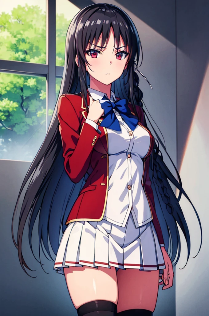 (masterpiece), (best quality), high resolution, best illustration, super fine illustration, (official art:1.2), (anime screencap:1.2), detailed beautiful face and eyes, anime keyvisual, perfect anatomy, 8k portrait,
1girl,
Suzune Horikita,
Suzune Horikita \(youjitsu\),
long hair, braid,
black hair,
(red eyes:1.2), slant eyes, small eyes,
blue bow,
medium breasts,
(school uniform, red jacket, white skirt, pleated skirt, black thigh-high socks),
BREAK looking at viewer,
cowboy shot,
perfect light,
background of indoor, school building,