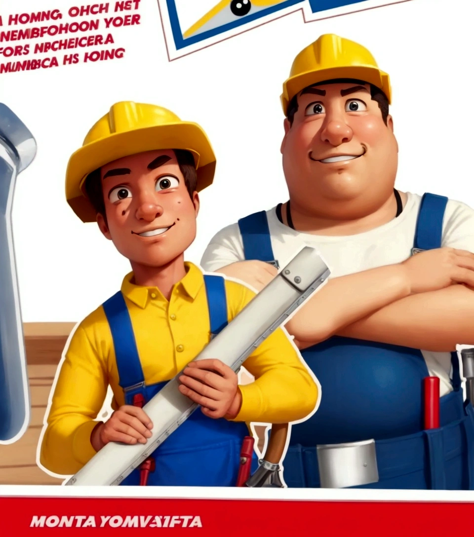 Close up of cartoon character holding wrench, , Worker， Wearing plumber, Propaganda Art, Chad, a carpenter, Higher than people, tool, Very explicit, Yoshita，young people，Age 25 years，The face shape is relatively round，Fat，No beard