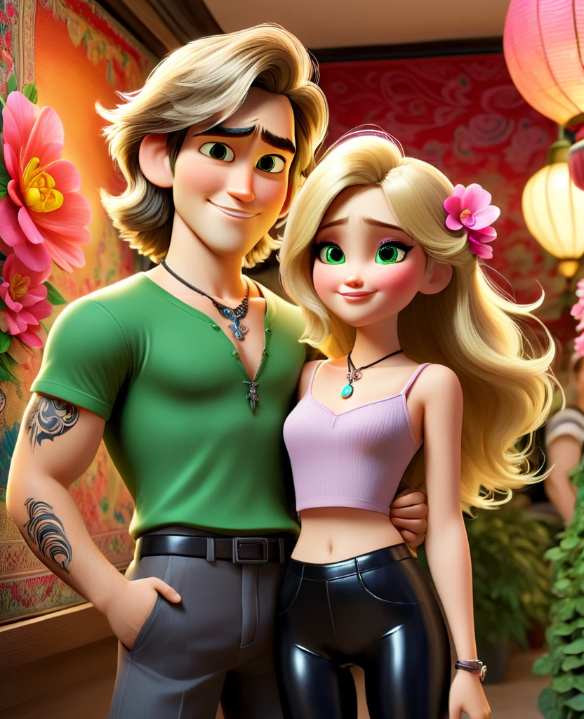 Pixar mom, attractive woman, super high details, erotic, looking at the camera,A close-up depicts a young couple standing shoulder to shoulder in front of a store window. The man on the left side of the frame is wearing a gray T-shirt and black pants. His arm is decorated with a black tattoo, while his hand is in his pocket. The woman, on the right side of the frame, is dressed in a green suit with straps holding up a white T-shirt. Her long blonde hair falls down her back and she wears a necklace around her neck. A small smile appears on his face and he stares directly into the camera lens. The display case behind them is a tapestry of vibrant flowers, with a pink flower in the foreground and a yellow one in the background.