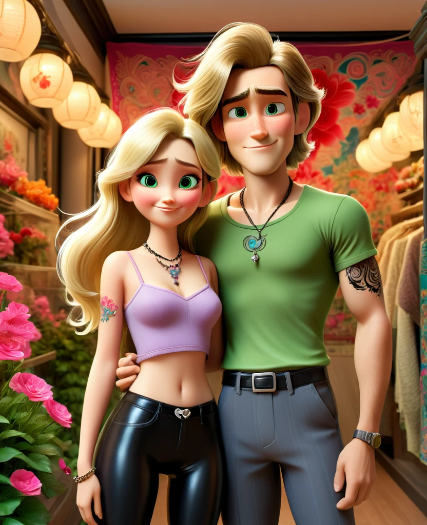 Pixar mom, attractive woman, super high details, erotic, looking at the camera,A close-up depicts a young couple standing shoulder to shoulder in front of a store window. The man on the left side of the frame is wearing a gray T-shirt and black pants. His arm is decorated with a black tattoo, while his hand is in his pocket. The woman, on the right side of the frame, is dressed in a green suit with straps holding up a white T-shirt. Her long blonde hair falls down her back and she wears a necklace around her neck. A small smile appears on his face and he stares directly into the camera lens. The display case behind them is a tapestry of vibrant flowers, with a pink flower in the foreground and a yellow one in the background.