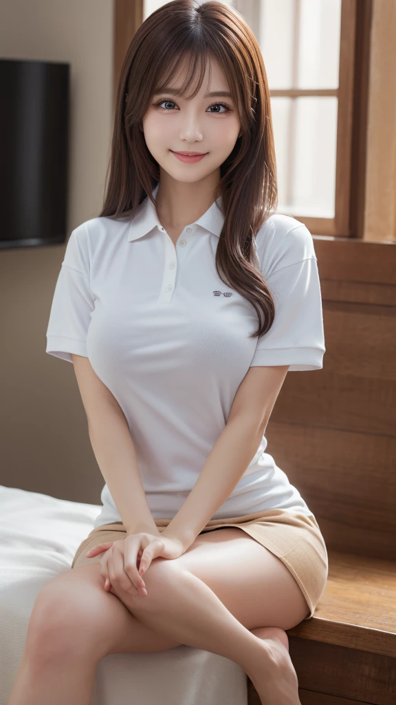 (One woman), Great face and eyes, blue eyes, Captivating smile, (Stunningly beautiful woman), (Highest quality:1.4), (Very detailedな), (Very detailed CG 統合 8k 壁紙), Very detailed, High-quality RAW color photos, Professional photography, Written boundary depth、Sexy pose、Luxury、(((Big Breasts、Reality)))、(((Polo shirt)))、mini skirt、Beautiful feet、height: 170cm、Slender beauty,(Beautiful limbs,Beautiful fingers:1.5)