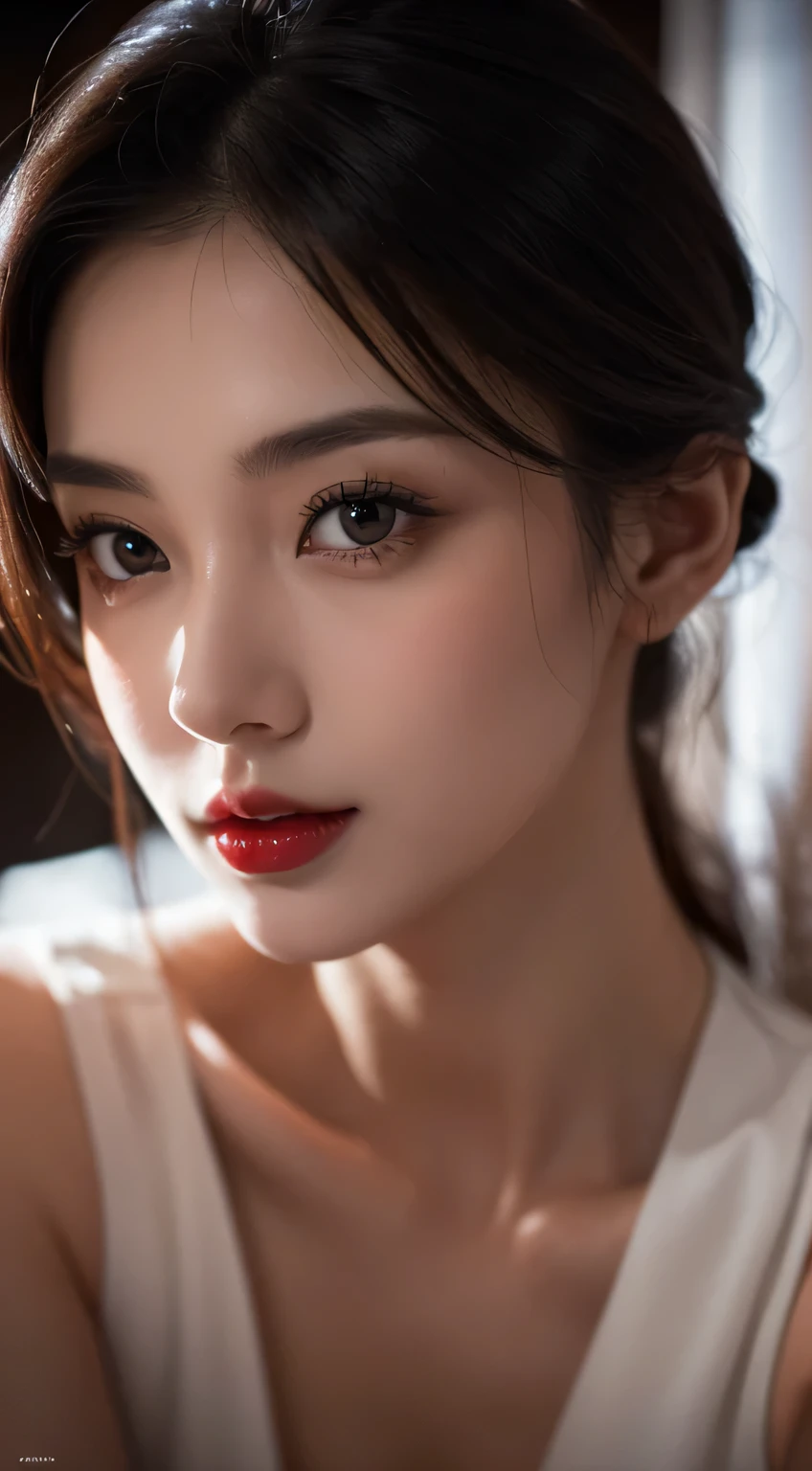 Amazing portrait of a woman who is 30 years old and an adult and a sexy maid during night time with soft lighting showcasing her red lips and her beautiful face in detail and close up 