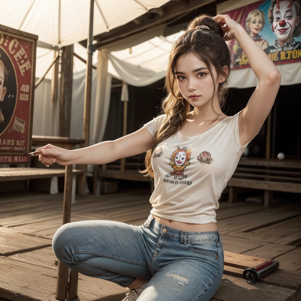 (49% the photo is black in the drawing:1.4), (Detailed fabrics:1.2), (soft and warm light:1.7)movie photo, solitary woman, Mixed radius, Brown leather, (longitud total), Best Quality、high resolution, photorealistic, hyper detailed, beautiful woman with (long hair updo hairstyle:1.2), taken outside in front of an old vintage circus sign ((she is wearing a neutral t-shirt with a clown graphic, worn jeans with holes, and bowling shoes:1.2)) she is standing in front of a giant old worn out circus cart , (evening)), She is facing the viewer., playful pose fun session, ballet pose, arms up, (outdoor fairground, airbrushed posters), (convenient), lovely and sweet woman, dimples, ultra high resolution, RAW, Relaxed arms , (Beautiful detail on old circus posters.), open, invitation gestures, warm and pleasant, vintage circus animal posters, Authentic Ringling Bros. circus poster., circus lithographs, old circus tickets、a beautiful exotic woman (very detailed skin:1.2), detailed eyes, (blush:1.7, ), Leica camera quality, Digital SLR Cameras, soft lighting, high quality, FujifilmXT3, evening light、Taken outside the premises, peach skin and pore details, radiant、Natural golden blonde hair in ponytail., (They are grabbing his ponytail:1.2, someone pulls her long ponytail))、south american swedish, looking into eyes with her, Intimate and relaxed photo session. selling gerbera flowers at the Villa Guerrero supply center