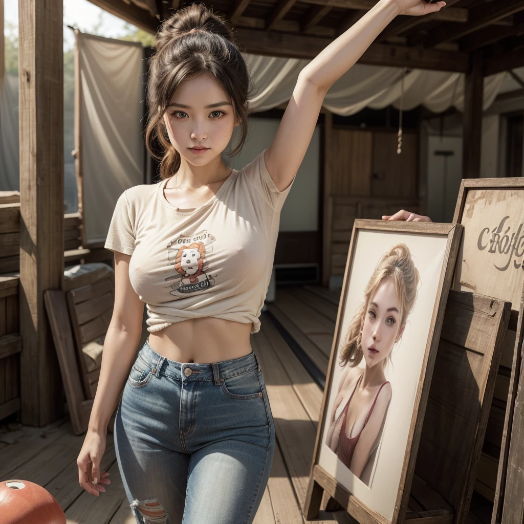 (49% the photo is black in the drawing:1.4), (Detailed fabrics:1.2), (soft and warm light:1.7)movie photo, solitary woman, Mixed radius, Brown leather, (longitud total), Best Quality、high resolution, photorealistic, hyper detailed, beautiful woman with (long hair updo hairstyle:1.2), taken outside in front of an old vintage circus sign ((she is wearing a neutral t-shirt with a clown graphic, worn jeans with holes, and bowling shoes:1.2)) she is standing in front of a giant old worn out circus cart , (evening)), She is facing the viewer., playful pose fun session, ballet pose, arms up, (outdoor fairground, airbrushed posters), (convenient), lovely and sweet woman, dimples, ultra high resolution, RAW, Relaxed arms , (Beautiful detail on old circus posters.), open, invitation gestures, warm and pleasant, vintage circus animal posters, Authentic Ringling Bros. circus poster., circus lithographs, old circus tickets、a beautiful exotic woman (very detailed skin:1.2), detailed eyes, (blush:1.7, ), Leica camera quality, Digital SLR Cameras, soft lighting, high quality, FujifilmXT3, evening light、Taken outside the premises, peach skin and pore details, radiant、Natural golden blonde hair in ponytail., (They are grabbing his ponytail:1.2, someone pulls her long ponytail))、south american swedish, looking into eyes with her, Intimate and relaxed photo session. selling gerbera flowers naked without clothes