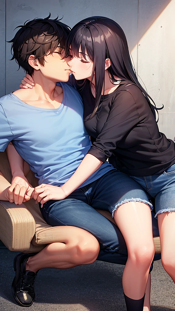 A man with short dark hair, Closed eyes, wearing a blue long sleeve t-shirt, dark jeans, socks and shoes, hugging and kissing a woman with long dark hair, Closed eyes, in a white tank top without straps or sleeves, blue denim shorts, white socks, dark shoes.
