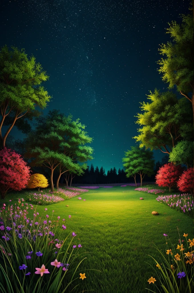 Night scenery,Colorful grass,Cartoon Style,Dreams