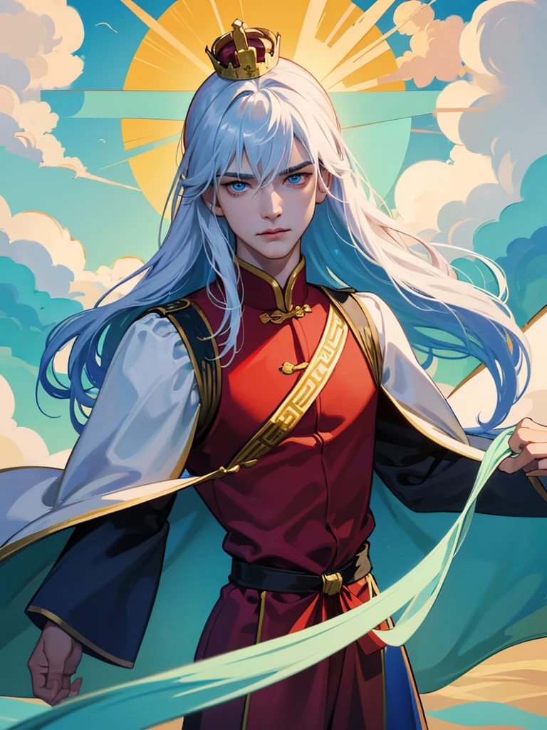 Chinese ancient style,Royal Guards,warrior,Guards with knives,warrior服,风雷warrior, electricity, Long white hair, Blue Eyes Fuck God, Best quality, There are a lot of ornaments on the body,Small Crown, Low light, Natural Light, Light rays, Aura Power, Be a power, blue eyes, , Male focus, Big muscles, Bodybuilder, Composition, Depth of Field, Blur, whole body,Represents the exhilarating aura he exudes,to motivate his allies. The backdrop showcases the awe-inspiring landscape of Mahutori, Floating islands and airships adorn the sky, Prove his adventures at sea. With a steely gaze and a sense of purpose, Rezepi is a beacon of hope and leadership, Get ready to set sail,Inspire all who dare to dream with him,In the wonderful world of Chisogi.