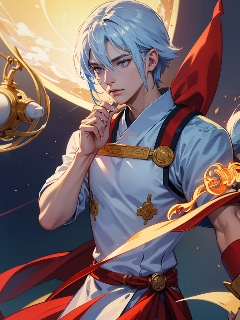 Chinese ancient style，Royal Guards，warrior，Guards with knives，warrior服，风雷warrior, electricity, Long white hair, Blue Eyes Fuck God, Best quality, There are a lot of ornaments on the body,Small Crown, Low light, Natural Light, Light rays, Aura Power, Be a power, blue eyes, , Male focus, Big muscles, Bodybuilder, Composition, Depth of Field, Blur, whole body，Represents the exhilarating aura he exudes，to motivate his allies. The backdrop showcases the awe-inspiring landscape of Mahutori, Floating islands and airships adorn the sky, Prove his adventures at sea. With a steely gaze and a sense of purpose, Rezepi is a beacon of hope and leadership, Get ready to set sail，Inspire all who dare to dream with him，In the wonderful world of Chisogi.