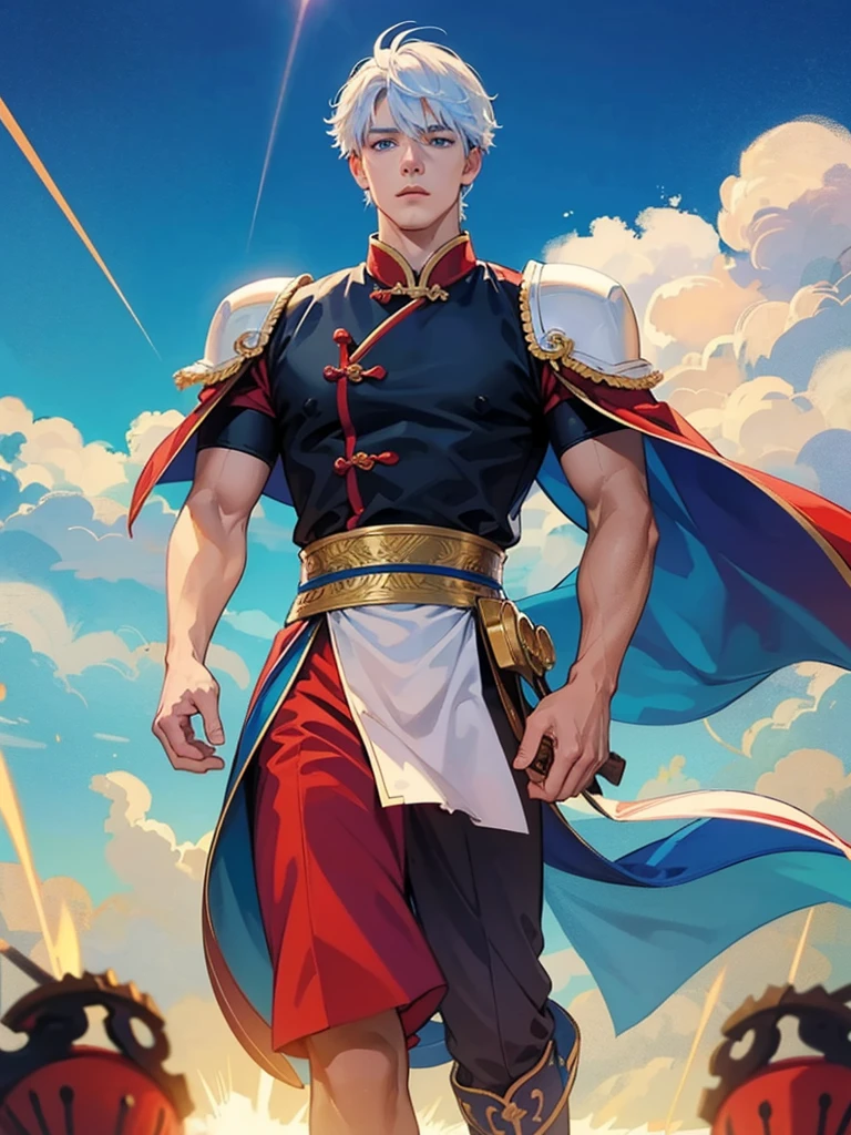 Chinese ancient style,Royal Guards,warrior,Guards with knives,warrior服,风雷warrior, electricity, Long white hair, Blue Eyes Fuck God, Best quality, There are a lot of ornaments on the body,Small Crown, Low light, Natural Light, Light rays, Aura Power, Be a power, blue eyes, , Male focus, Big muscles, Bodybuilder, Composition, Depth of Field, Blur, whole body,Represents the exhilarating aura he exudes,to motivate his allies. The backdrop showcases the awe-inspiring landscape of Mahutori, Floating islands and airships adorn the sky, Prove his adventures at sea. With a steely gaze and a sense of purpose, Rezepi is a beacon of hope and leadership, Get ready to set sail,Inspire all who dare to dream with him,In the wonderful world of Chisogi.