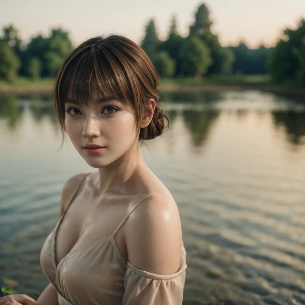 Kasumi, brown eyes, (best quality, ultra-detailed), (realistic:1.37), beautiful and detailed face, ultra-realistic texture, delicate face, delicate body, red lipstick, bright colors. High definition, 8K. beautiful smilling expression, mouth half open