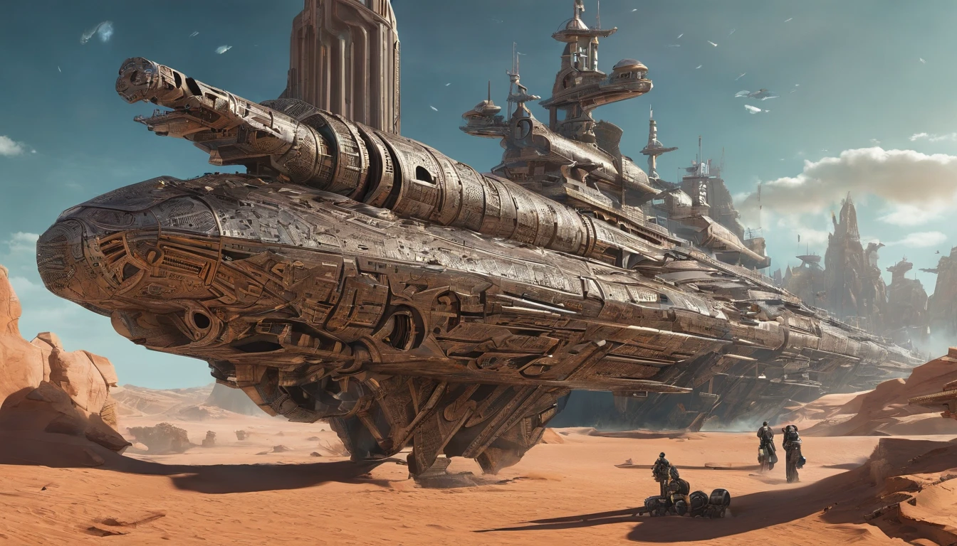 In this awe-inspiring blend of steampunk-inspired and futuristic elements, a unique starship takes center stage, designed by the genius imaginations of Leonardo Da Vinci & Tim Burton, & Ridley Scott. The starship is an amalgamation of iconic vehicles from different eras, including a 1980 Lamborghini, a 1960s Shelby Mustang,a MRI Machine, a 1974 Winnebago, and a 1600s printing press. The ship's journey through the vast expanse near a Saturn-Earth-esque planet is brought to life in stunning 750k UHD.The intricate motherboard forms the backbone of the vessel, culminating in an imposing, frightful, & creepy Giraffe, Elephant, Hippo's head is carved into the front. The ship's powerful artillery is visible in the background, while blue crystal diamond bat shaped nacelles adorn the rear. This captivating artwork ,dark fantasy.In this awe-inspiring blend of steampunk-inspired and futuristic elements, a unique starship takes center stage, designed by the genius imaginations of Mary Shelley & & Ridley Scott. The starship is an amalgamation of iconic vehicles from different eras, including a 1980 USA Submarine, a 1960s Shelby Mustang, and a 1974 Winnebago. The ship's journey through the vast expanse near a Saturn-Earth-esque planet is brought to life in stunning 750k UHD.The intricate motherboard forms the backbone of the vessel, culminating in an imposing, frightful, & creepy Bengal Tiger's head is carved into the front. The ship's powerful artillery is visible in the background, while blue crystal diamond tiger tail shaped nacelles adorn the rear.