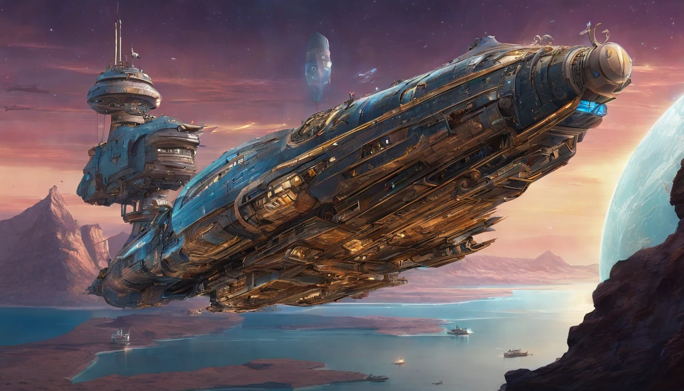 In this awe-inspiring blend of steampunk-inspired and futuristic elements, a unique starship takes center stage, designed by the genius imaginations of Leonardo Da Vinci & Tim Burton, & Ridley Scott. The starship is an amalgamation of iconic vehicles from different eras, including a 1980 Lamborghini, a 1960s Shelby Mustang,a MRI Machine, a 1974 Winnebago, and a 1600s printing press. The ship's journey through the vast expanse near a Saturn-Earth-esque planet is brought to life in stunning 750k UHD.The intricate motherboard forms the backbone of the vessel, culminating in an imposing, frightful, & creepy Giraffe, Elephant, Hippo's head is carved into the front. The ship's powerful artillery is visible in the background, while blue crystal diamond bat shaped nacelles adorn the rear. This captivating artwork ,dark fantasy.In this awe-inspiring blend of steampunk-inspired and futuristic elements, a unique starship takes center stage, designed by the genius imaginations of Mary Shelley & & Ridley Scott. The starship is an amalgamation of iconic vehicles from different eras, including a 1980 USA Submarine, a 1960s Shelby Mustang, and a 1974 Winnebago. The ship's journey through the vast expanse near a Saturn-Earth-esque planet is brought to life in stunning 750k UHD.The intricate motherboard forms the backbone of the vessel, culminating in an imposing, frightful, & creepy Bengal Tiger's head is carved into the front. The ship's powerful artillery is visible in the background, while blue crystal diamond tiger tail shaped nacelles adorn the rear.