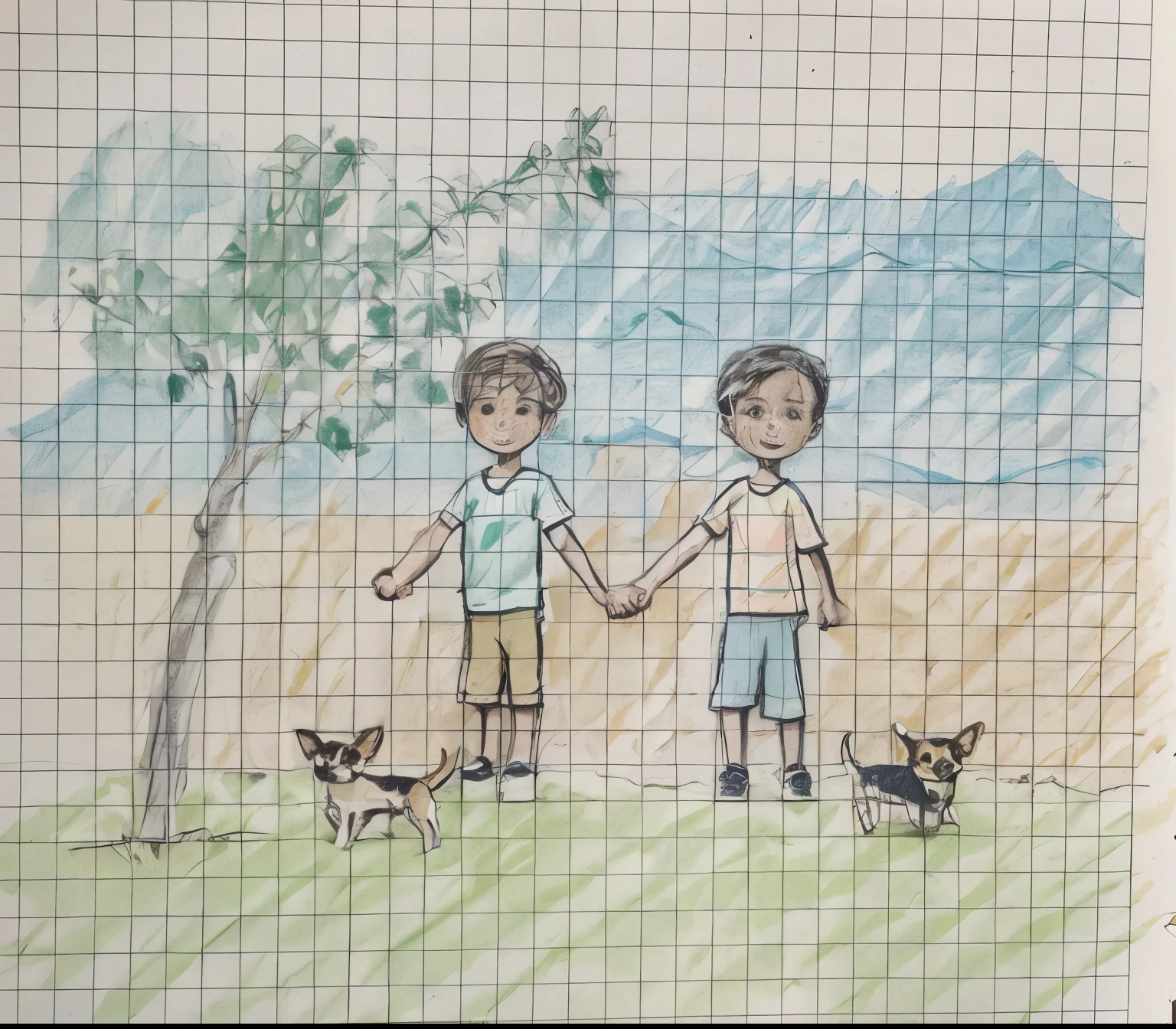The image is a drawing of two people holding hands and standing beside each other. They are wearing matching shirts and shorts. Two chihuahua dogs are standing on either side of the people. There is lemon tree on the left side of the image, with green leaves and lemons hanging from it. The background appears to depict a natural setting with a sky, with the sea behind it, and some grassy areas at the bottom.