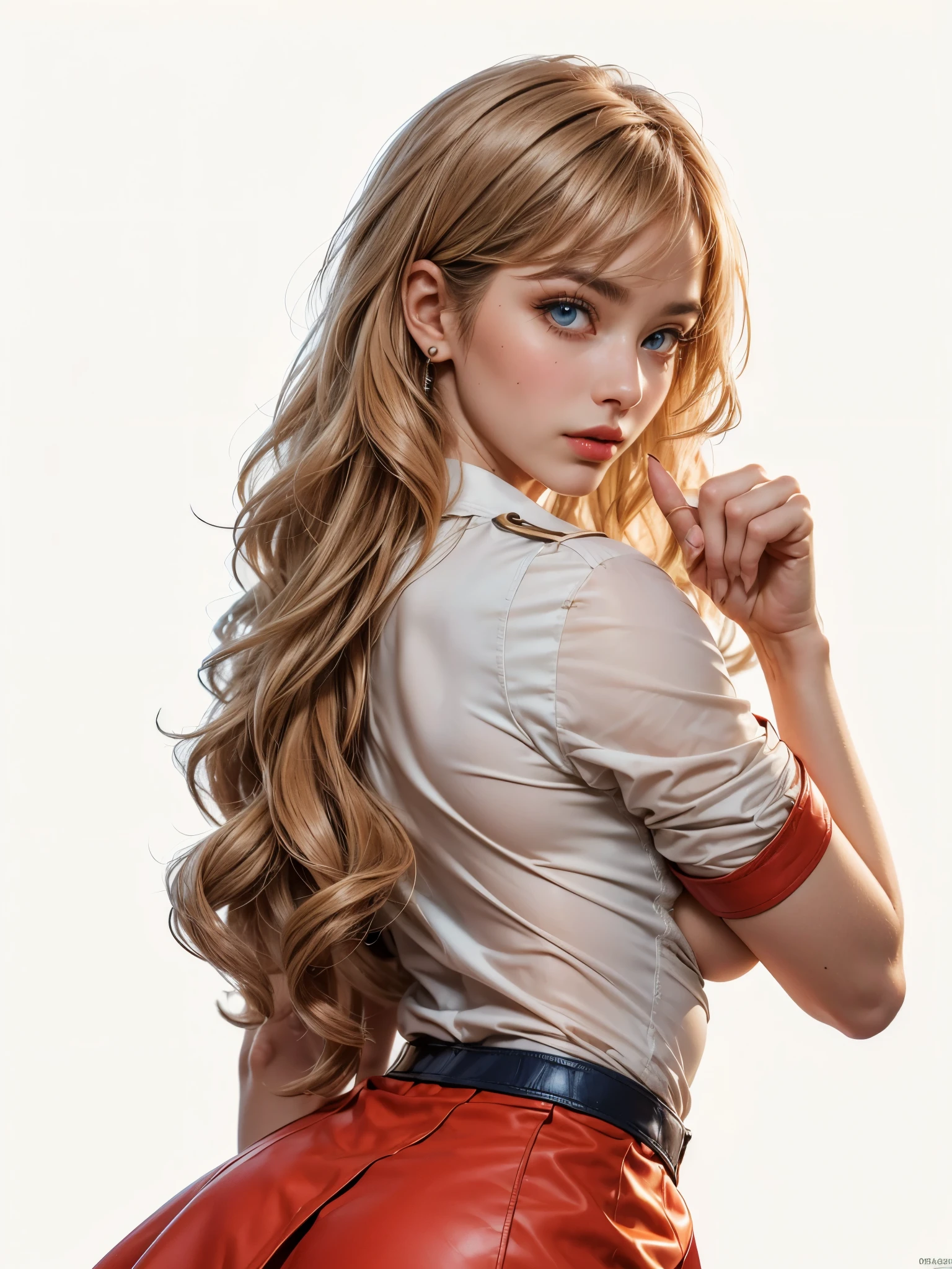 1 female、(Super beautiful)、(Pretty Face:1.5)、(A European stewardess1.5)、(Brown curly hair1.2)、(Bangs:1.1)、(Red leather skirt:1.1)、(Flight attendant uniform)、(Tailored Jackets)、(Solid Navy Mini Skirt)、(Brown wavy hair:1.2)、High heel、(Dark Makeup)，Smooth and delicate skin，Sweat on the skin，(Masterpiece: 1.4), (8000, Realism, RAW photo, best quality: 1.4), Japanese, (1 girl), beautiful face, (lifelike face: 1.4), (brown wavy roll: 1.3), beautiful hair style, beautiful and meticulous eyes, (best proportion eyes: 1.5), attractive, ultra-high resolution, surRealism, very detailed, best aspect ratio, (meticulous face: 1.4), looking at the audience, red lipstick, (best finger proportion: 1.5), (a beautiful stewardess looking at the camera), [(18 years), whole body, (lifelike blue eyes: 1.2), (strength display In describing the behavior of female superman, (very good, very good: 1.4), lively nipples, (bare nipples, bare breasts, realistic high proportion breasts, realistic big breasts): 1.3), (shut up: 1.4), (camel then cat: 1.3), away from cat,