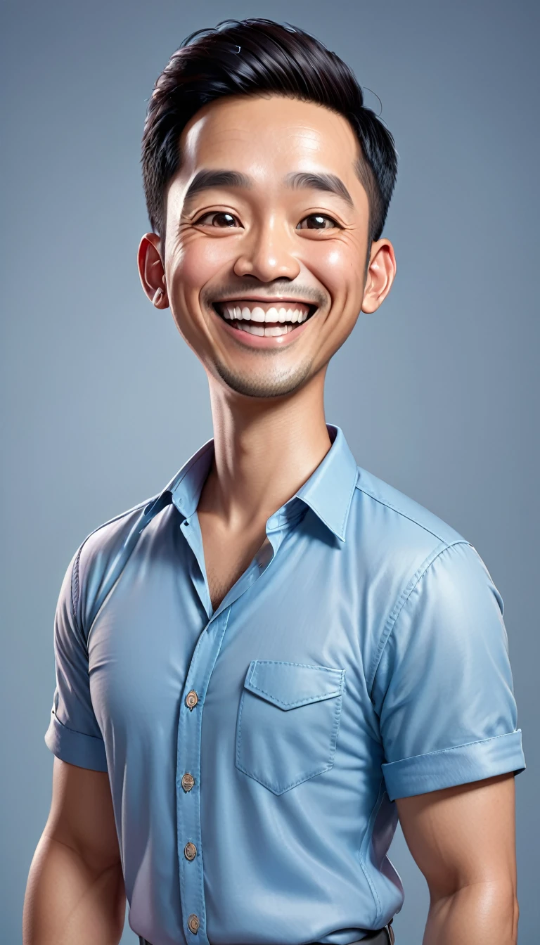 Create a realistic character 4D cartoon style full body with a big head, a 35 year old Indonesian man with a smile, a happy expression, his mouth slightly open, he has short hair, with silver on the top. He wore a pinkt over a blue shirt. The illustration should emphasize his happy smile, and friendly attitude.