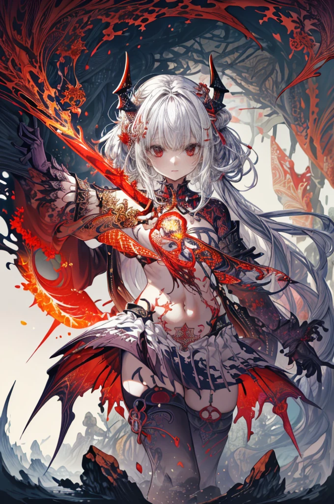 (Tabletop, Absurd quality, Highest quality, Official Art, beautifully、aesthetic: 1.2), (One Woman: 1.4), Very detailed, (Fractal Art: 1.3), colorful, Most detailed, Holding the Female Demon Sword, (Positive::1.3), Action Painting Style, Dark grey and red, Andrzej Arrangements, anime, Dark and chaotic, Ultra-detailed illustrations, Wandering eyes