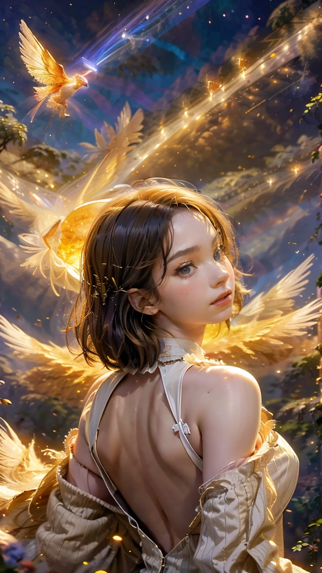8K resolution, masterpiece, Highest quality, Award-winning works, unrealistic, From above, erotic, sole sexy lady, healthy shaped body, Anatomically accurate skeleton, 22 years old, black mage, 170cm tall, huge firm bouncing busts,, white silver long wavy hair, Detailed facial depictions, BREAK, Mysterious blue eyes, Standard nose, Eyeliner, pink lips, sexy long legs, Transparent and shiny skin, holy knight, Gothic ruffle long dress, A dress with a complex structure, Seven-colored colorful dress, Clothed in flames, royal coat of arms, elegant, Very detailed, Delicate depiction of hair, miniature painting, Digital Painting, artstation concept art, Smooth, Sharp focus, shape, Art Jam、Greg Rutkowski、Alphonse Mucha's、William Adolphe Bouguereau、art:Stephanie Law , Royal Jewel, nature, Symmetric, Greg Rutkowski, Charlie Bowwater, Unreal, surreal, Dynamic Lighting, Fantasy art, Complex colors, Buddhist Mandala, Colorful magic circle, flash, dynamic sexy poses, A kind smile, Mysterious Background, Aura, A gentle gaze, BREAK, Small faint lights and flying fireflies, night, lanthanum, From above, looking down on the world below, Starry Sky, milky way, nebula, shooting star, Flowers, birds, wind and moon, (Back view, Looking back towards the camera:1.3), chant healing magic, A pillar of light stretching to the sky, Laser beam, Climb the stairs to heaven