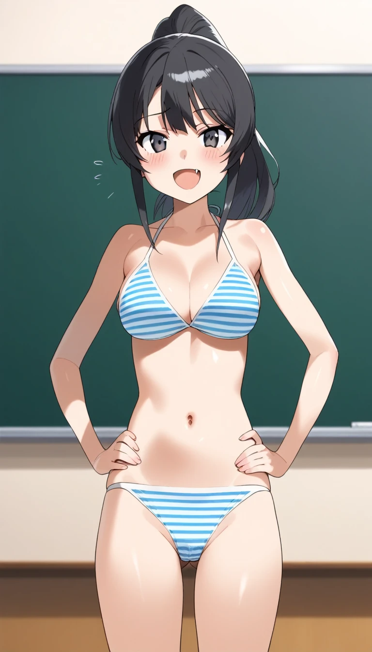 score_9, score_8_up, score_7_up, source_anime, 1girl, solo, light blue and white striped bikini, detailed face, detailed eyes, black hair, ponytail, embarrassed smile, contrapposto, standing, classroom, blackboard, cowboy shot, bokeh, masterpiece, best quality, super detail