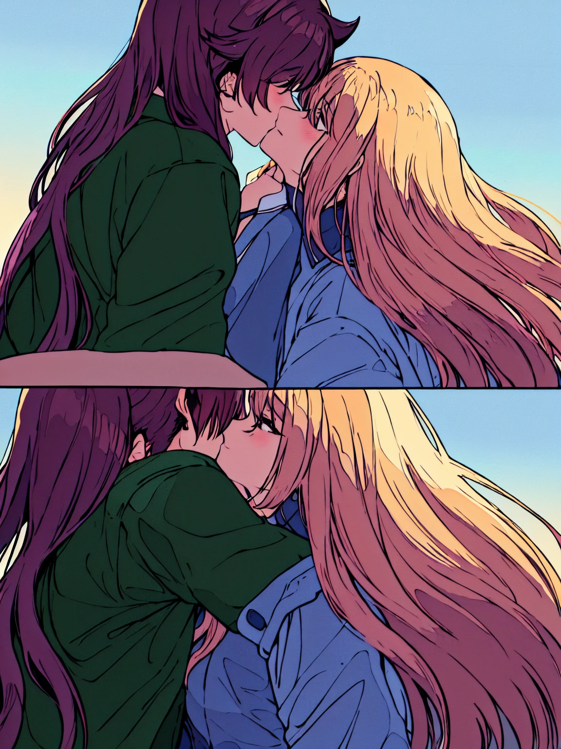((absurdres, higher, ultra HD)) 1 male, 1 female,mature, kissing each other, guy is front of her slightly bend towards her, (Man in green camouflage uniform), (woman in white nurse's uniform), wisteria flower around them, beautiful, scenary, romantic,((calm and romantic expression:1.2)) ,pixiv, digital painting, mascular man, beautiful elegant woman, (gray stylish hair for man), (brown long hair for woman)