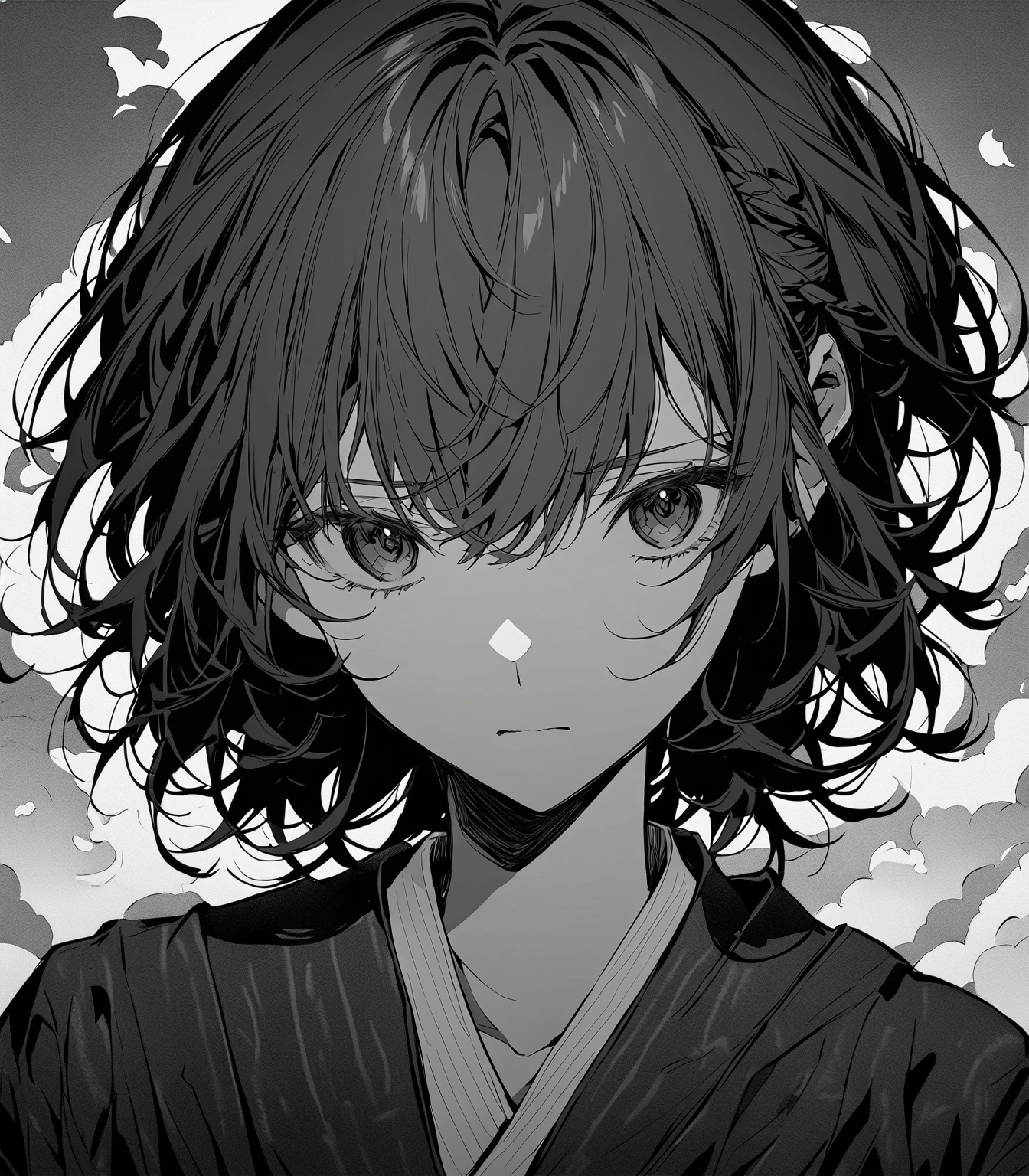 JK Girl,Beautiful anime portrait,Black monochrome,Oriental Wallpaper,Gray-black,Feeling,very anime style,Sailor Suit,Half Body,Soft Light,Rich in details,Sad expression,Kimono decoration,Background blur,Vivid colors,情Feeling深沉,front