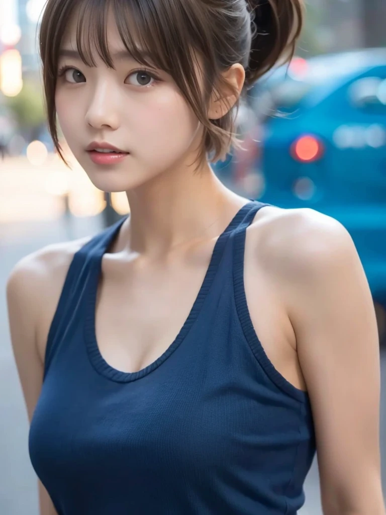 Blue Tank Top:1.3, ponytail:1.2, short hair