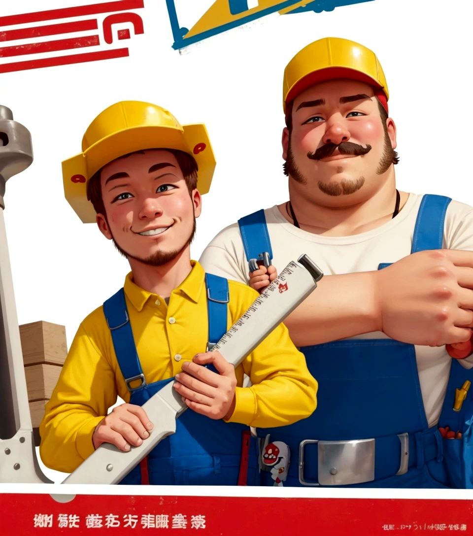 Close up of cartoon character holding wrench, , Worker, Wearing plumber, Propaganda Art, Chad, a carpenter, Higher than people, tool, Very explicit, Yoshita,young people,Age 25 years,The face shape is relatively round,Fat,No beard