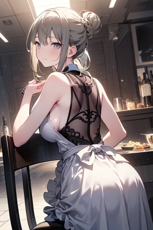 (A masterpiece of image quality in 8K),(Beautiful Allafed Woman),(((emphasizing breasts:1.0))),(Dynamic angles),(Dynamic and sexy bending pose:1.3),(sit a chair:1.3),(Short hair in shiny silver and orange inner colors,(perky chest:1.1), (pointed chest:1.3),small full breasts,Disturbance of clothing due to movement,breast slip,(Ponytail twisted buns adorned with elaborate braids and beads,Braided Setup Fishbone Hair,),(see-through bangs),Huge breasts、(((A white lace apron that shows your bare skin from under your small breasts)))、Blush with embarrassment、Enraptured eyes、A smile that beguiles the viewer、(Look back:1.7)、Look into the photographer,skin glistening with sweat,gazing at viewer,,(Professional Lighting),(8K,masutepiece,top-quality,Ultra-high resolution output image,),(Ultra HD with complex detail image modes),depth of fields,Beautiful hands,Beautiful fingers,Detailed finger features,(Detailed hair features:1.7),detailed facial features,detailed clothes features,