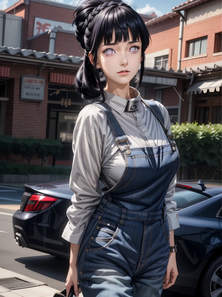 masterpiece, best quality, ultra-detailed, illustration,1girl,
long hair, dark blue hair, french braid, purple eyes, blunt bangs, 
shirt, (denim overalls:1.1),
medium breast,  
looking at viewer, hinata\(shippuden\) strit sesoncity ,cyber punk ,jumpink standing up ,reality , realism ,realistic ,detail beground sesoncity strit