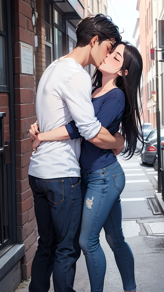 A man with short dark hair, Closed eyes, wearing a blue long sleeve t-shirt, dark jeans, socks and shoes, hugging and kissing a woman with long dark hair, Closed eyes, in a white tank top without straps or sleeves, blue denim shorts, white socks, dark shoes.
