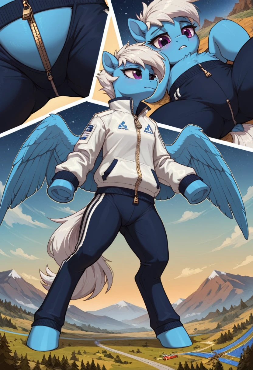 score_9, score_8_up, score_7_up, feral, pale body, female, pegasus, light_blue body, blue body, short straight hair, white mane with blue stripe, white tail with bright blue and light blue stripes, purple eyes, pointed ears, large feathered wings, anatomically correct, feral anatomy, good anatomy, (depth of field), muted colors, extremely high quality RAW photograph, (lying on back), earth pony, semi-anthro, female, ponified, fluff chest, large hoof, hooves, three-quarter view, (a dutch angle shot), ((on 2 legs standing)), ((close-up shot)), macro shot, micro, multiple frames, (((different angles))), front view, side view, back view, (background: landscape, continents visible, starry sky), crushing, stomp, stomping, outfit, clothes, (outfit: white cropped jacket with zipper, lightblue track pants with white lines, black stockings under pants:1.3), smug expression, squatting, outfit pussy,