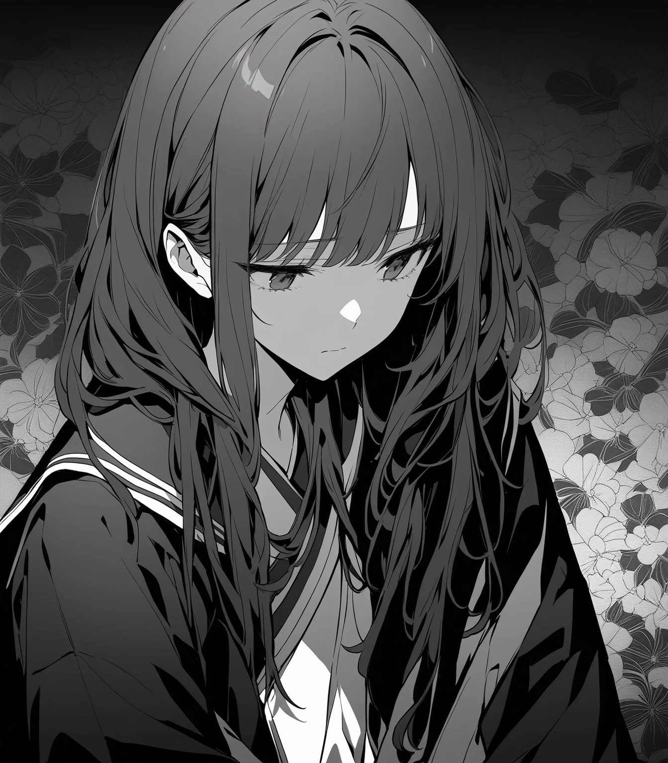 JK Girl,Beautiful anime portrait,Black monochrome,Oriental Wallpaper,Gray-black,Feeling,very anime style,Sailor Suit,Half Body,Soft Light,Rich in details,Sad expression,Kimono decoration,Background blur,Vivid colors,情Feeling深沉,front,Standing,Bend your legs