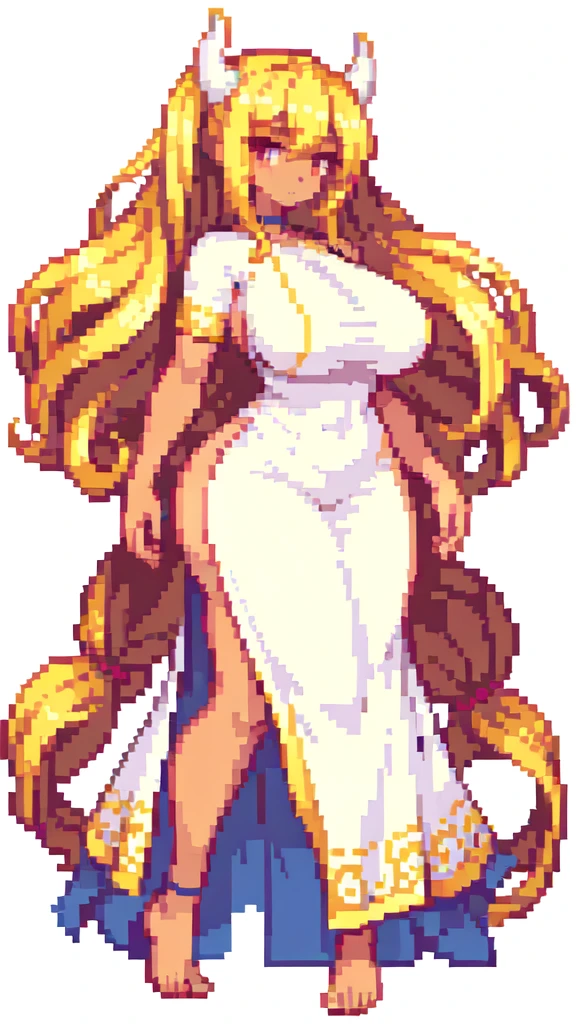 gigantic woman,tall woman,big woman,very muscle,long legs,devil,muscular,gigantic breasts,curvy ,barefoot,masterpiece , best quality , pixel art , 1 girl ,full body,voluptuous,brown skin,twintails,blonde hair ,white dress,white background